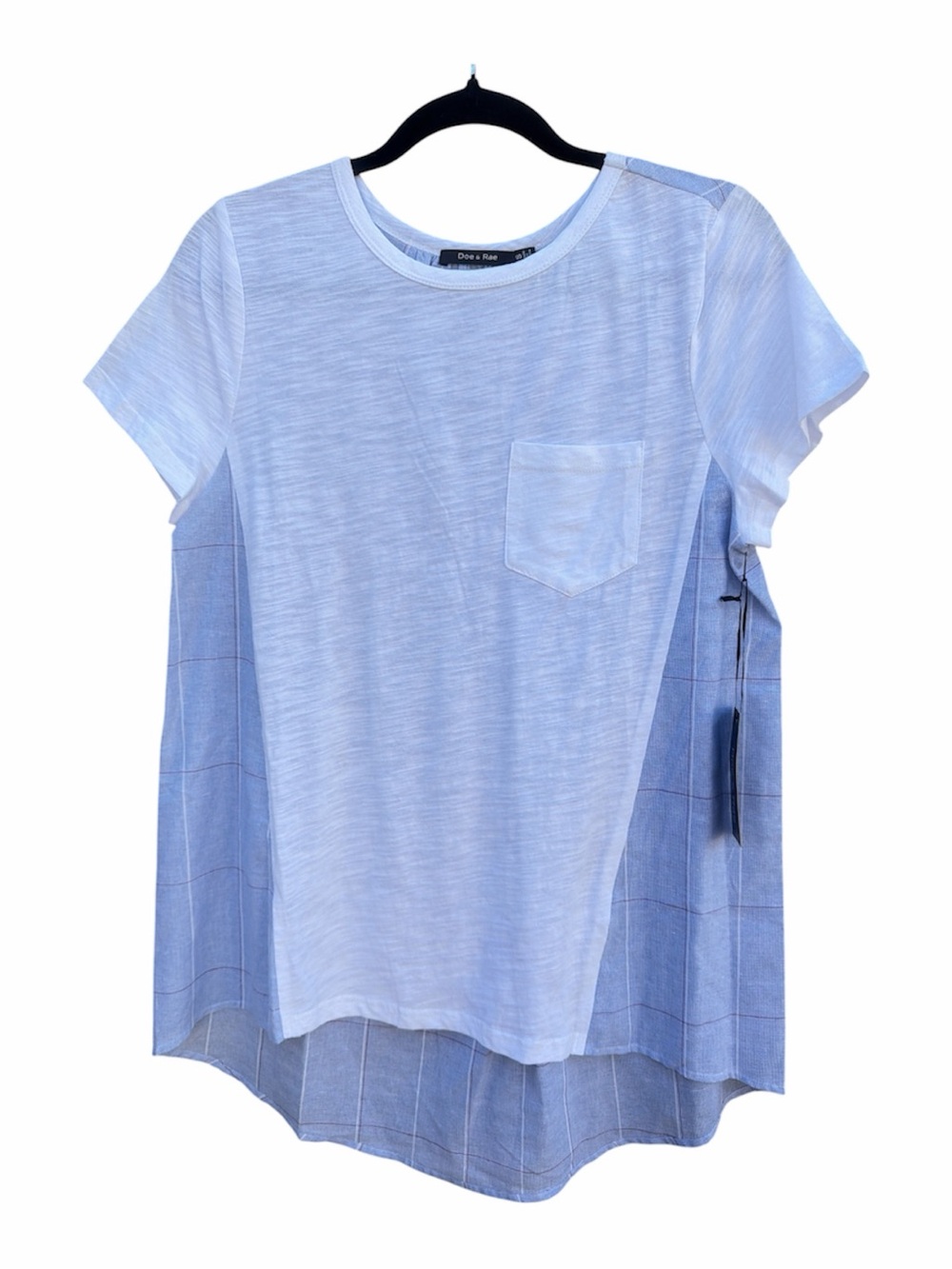 Doe & Rae White Light Blue Layered Pocket Tee with Check Back